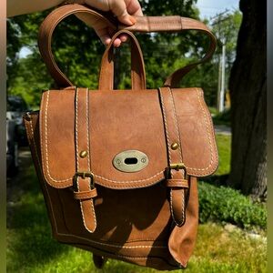 Brown Faux Leather Convertible Backpack